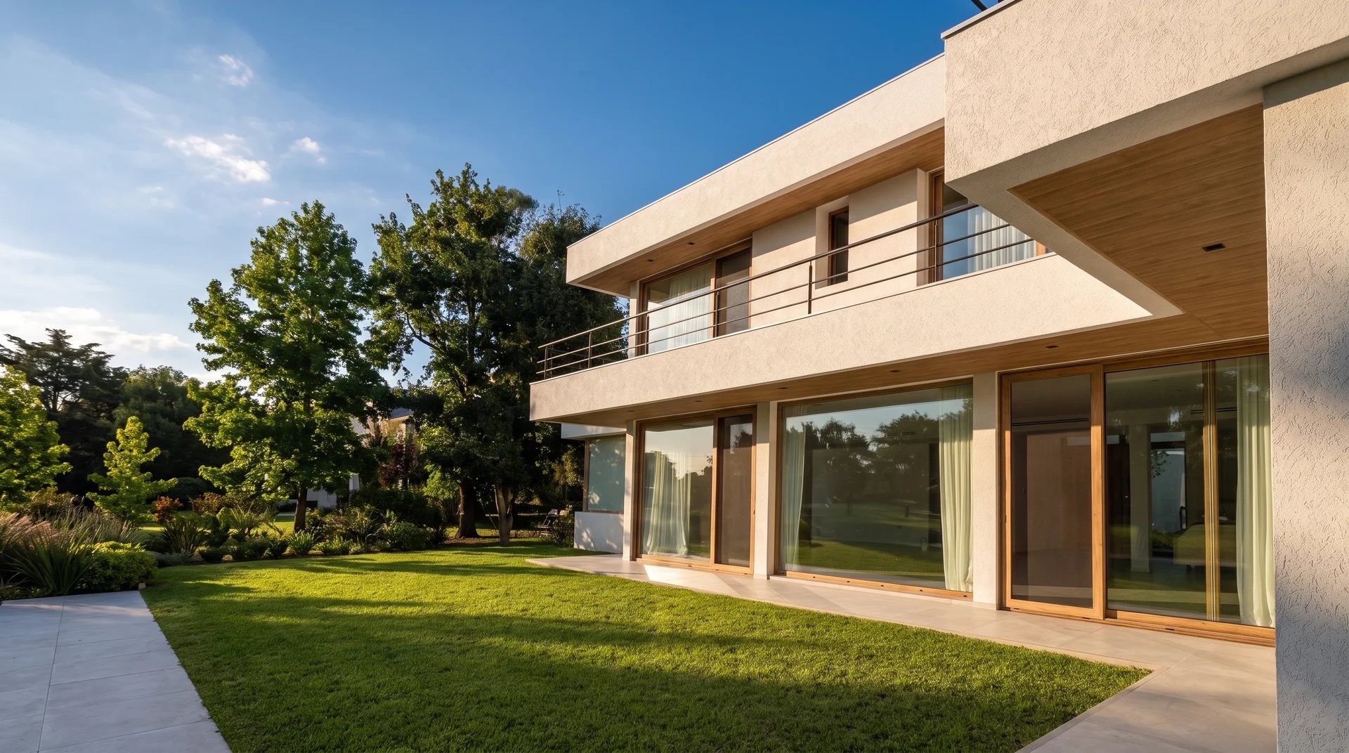 Casa con aberturas de piso a techo frente al jardín